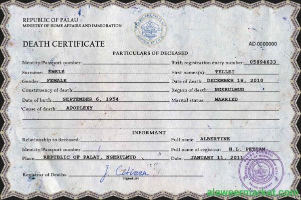 Palau death certificate PSD template